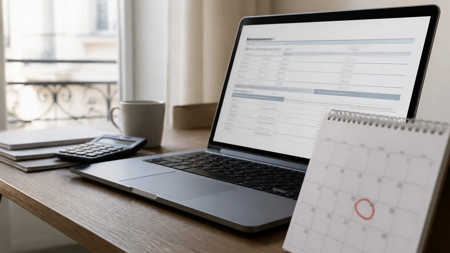 Ordinateur, calculatrice et calendrier pour préparer une déclaration fiscale