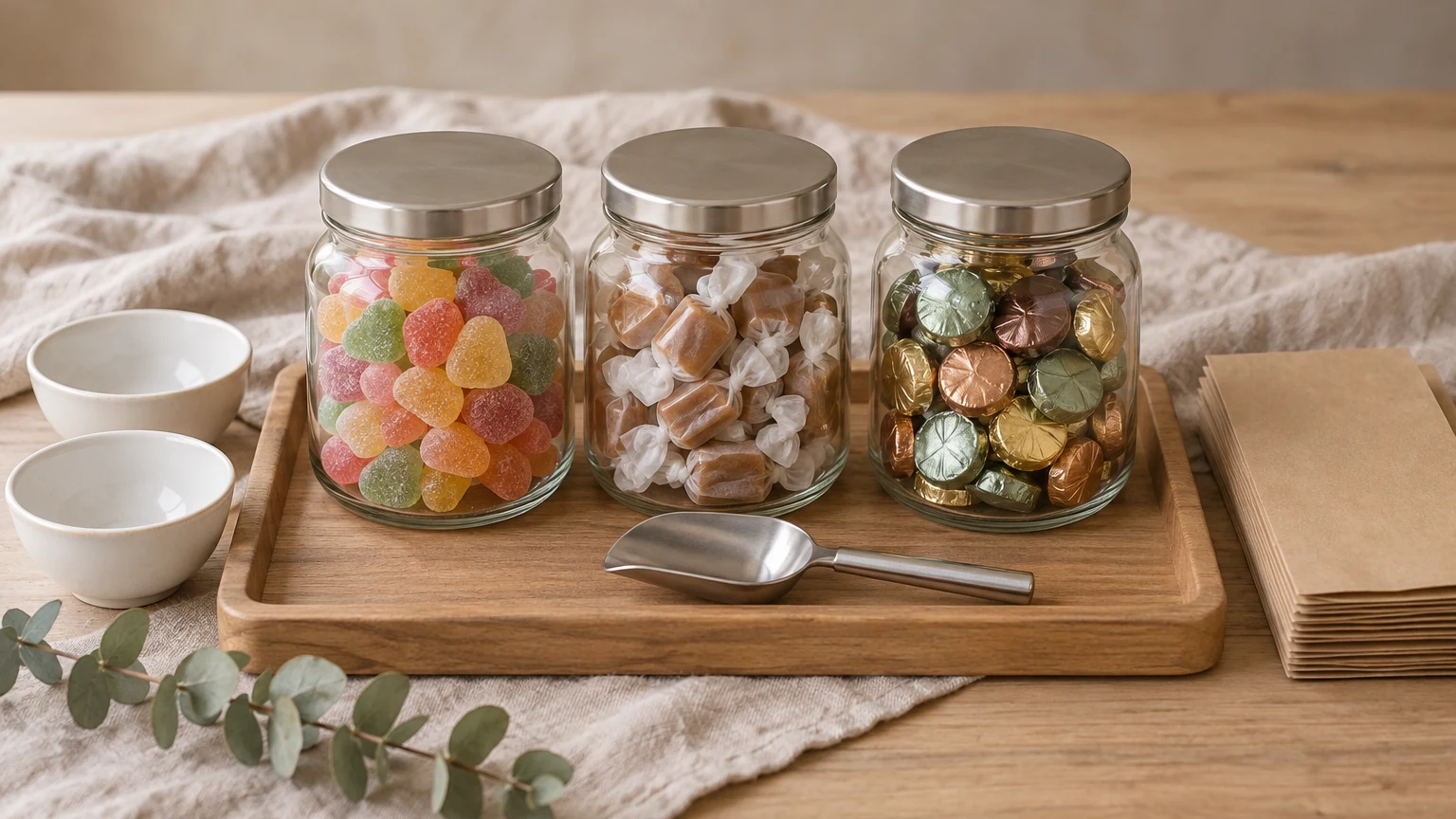 Table de libre-service pour cadeaux d’invités de mariage : plateau en bois, trois bocaux de confiseries, pelle de service, coupelles et sachets en papier kraft empilés