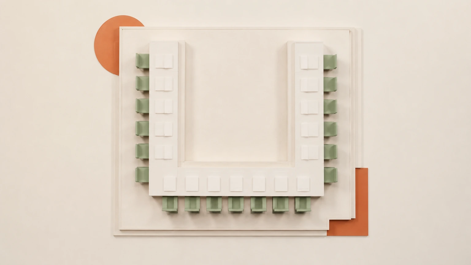 Illustration : maquette, tables blanches, chaises miniatures.