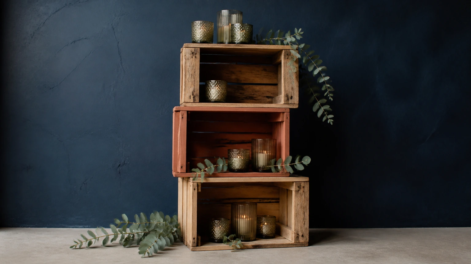 Caisses en bois empilées, décorées de photophores et d’eucalyptus sur fond bleu nuit.