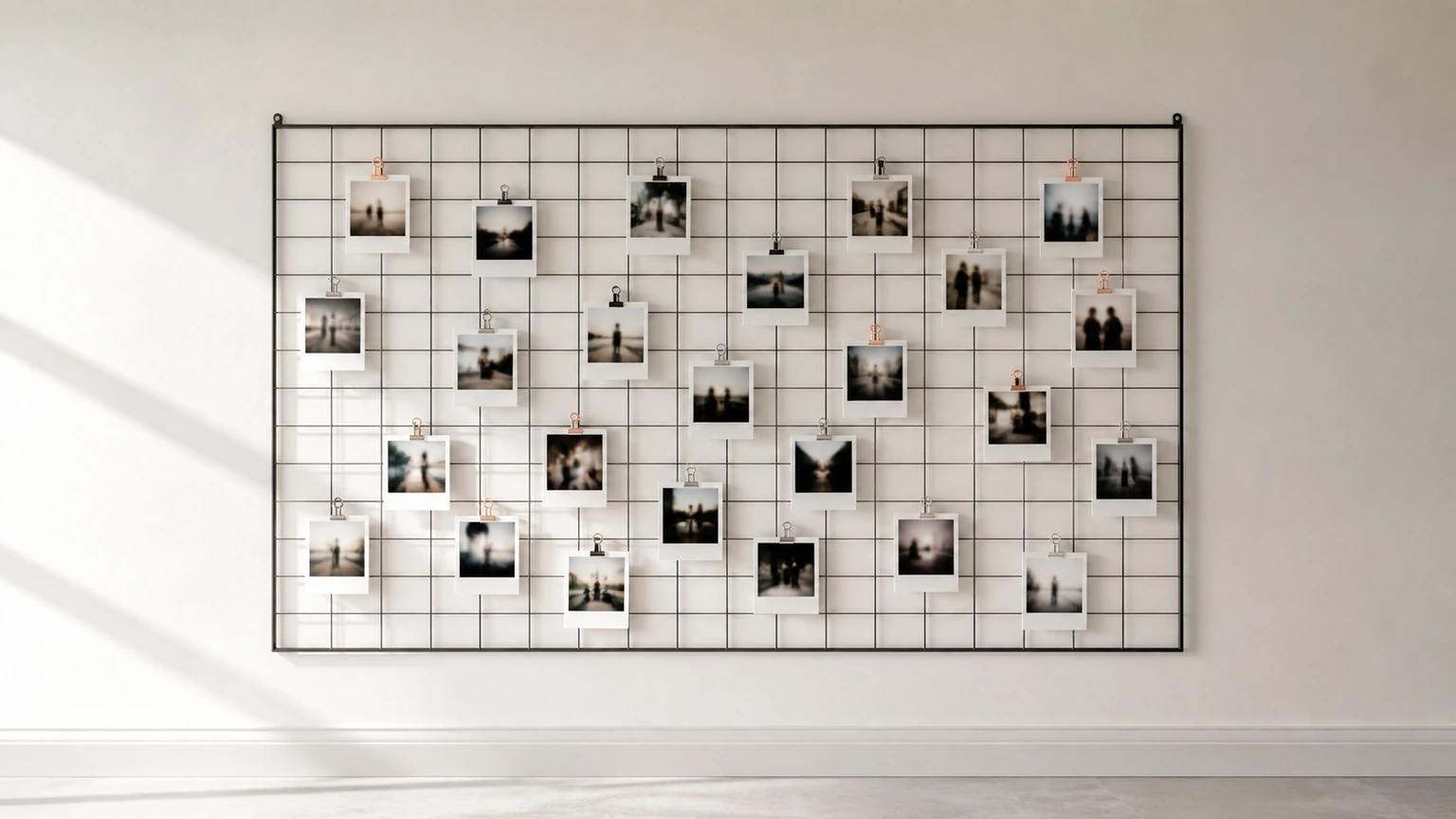 Mur clair avec grille métallique et tirages instantanés flous disposés pour un montage photo de mariage.