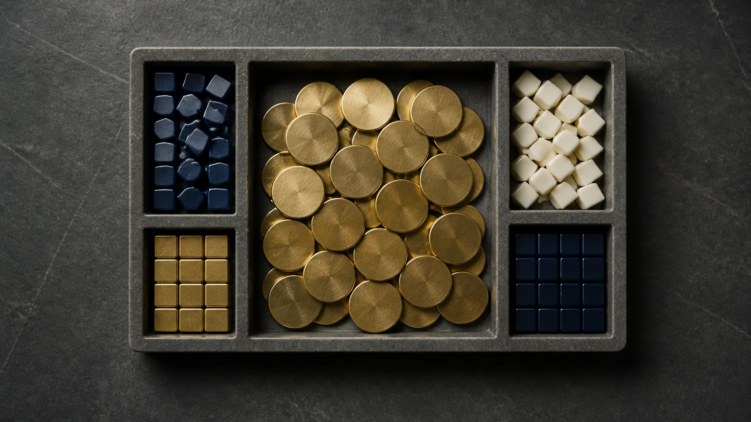 Illustration : jetons, cubes, plateau compartimenté.
