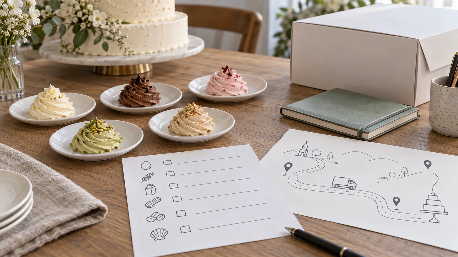 Rendez-vous de préparation d'un gâteau de mariage avec échantillons, fiche d'allergènes et plan de transport