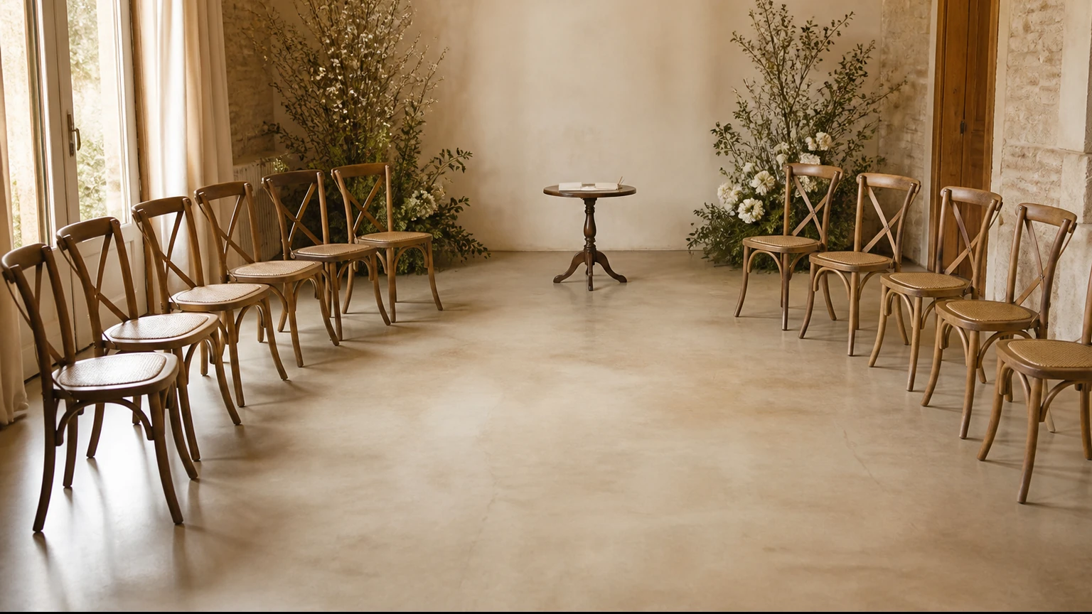 Douze chaises installées pour le jeu des 12 mois lors d’un mariage