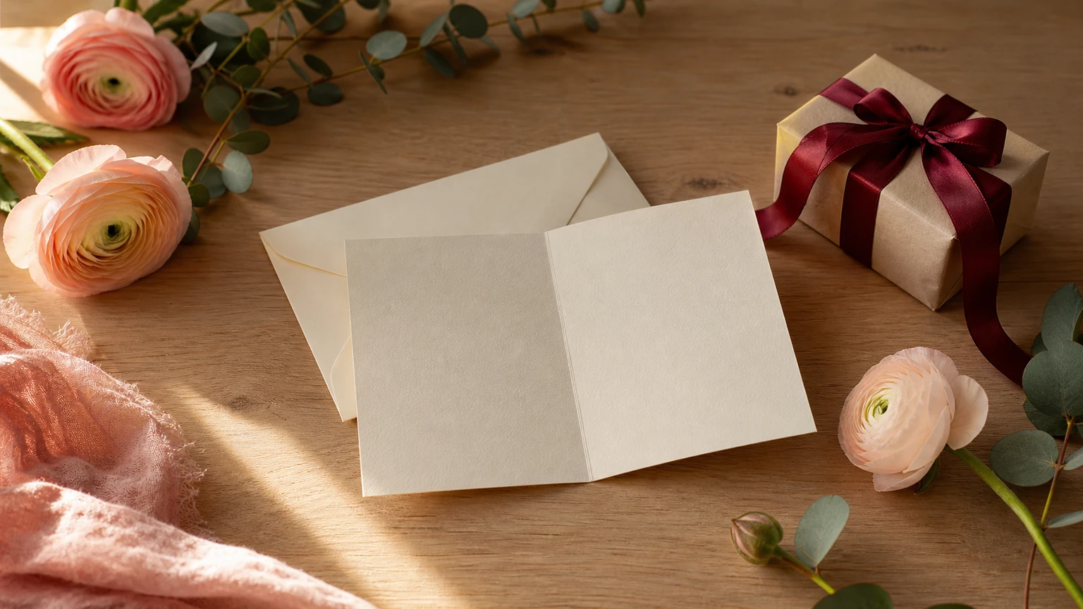 Carte d’anniversaire romantique posée près d’un cadeau et de fleurs