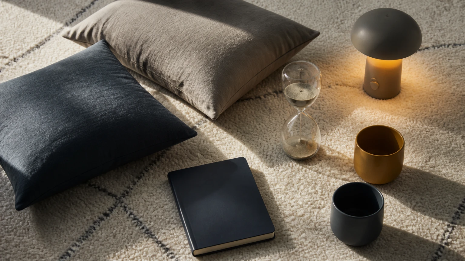 Coussins, tasses, carnet vierge et sablier posés sur un tapis