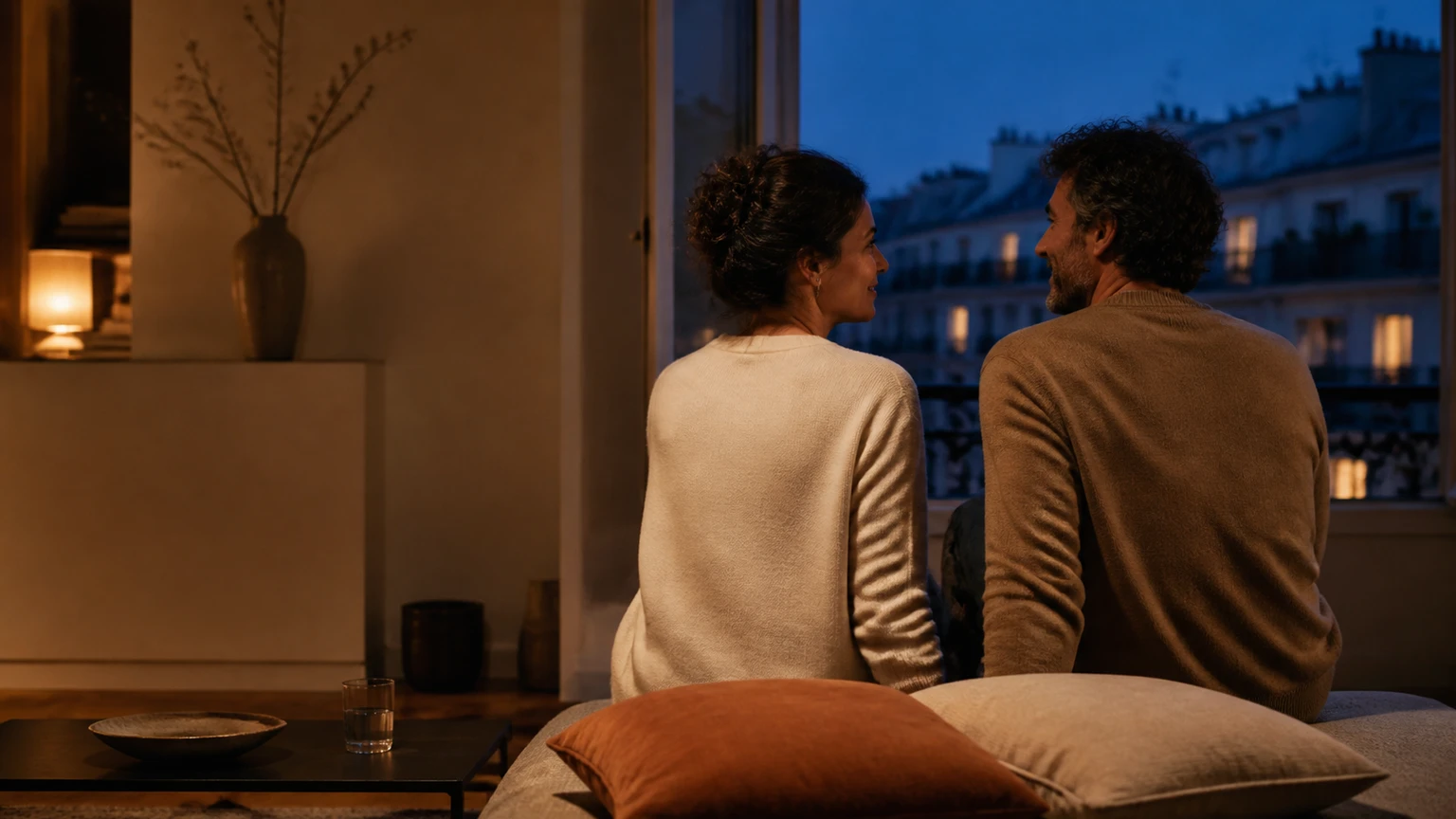 Deux adultes assis côte à côte dans un salon chaleureux, en train de discuter