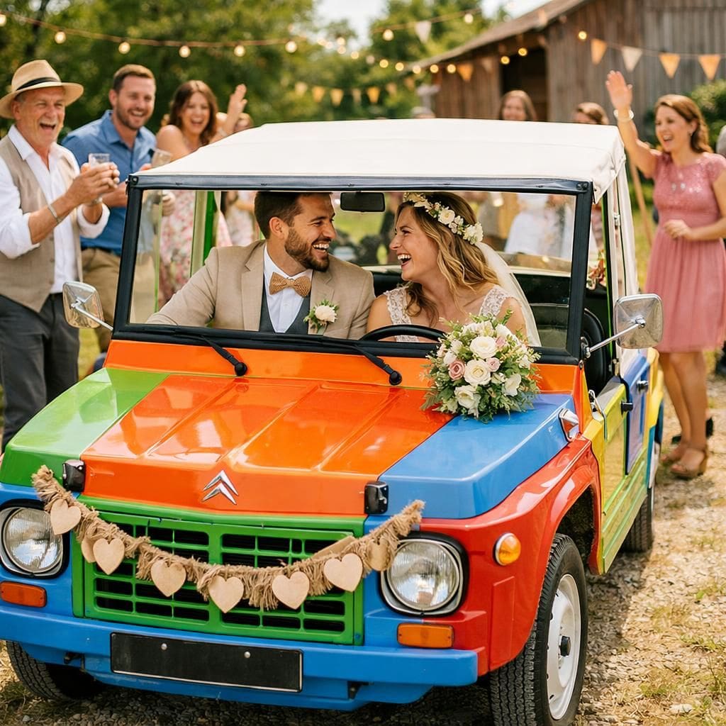 découvrez la méhari, le choix idéal pour un mariage original et décontracté, alliant style vintage et ambiance chaleureuse pour un jour inoubliable.