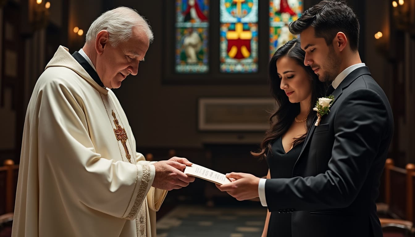 Couple présentant leur lettre d’intention de mariage au prêtre dans une église.