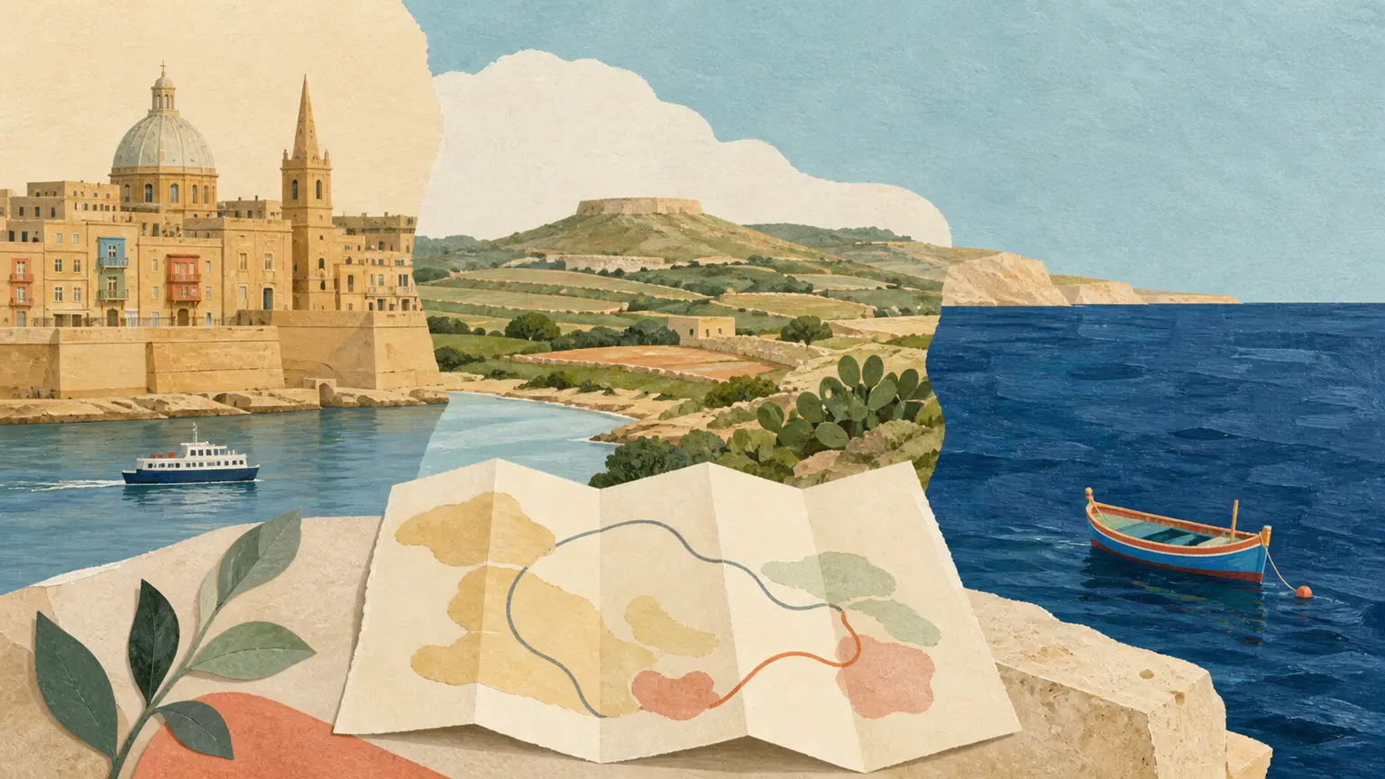Illustration éditoriale d'un itinéraire plié entre une ville de pierre, des terrasses végétales et la mer