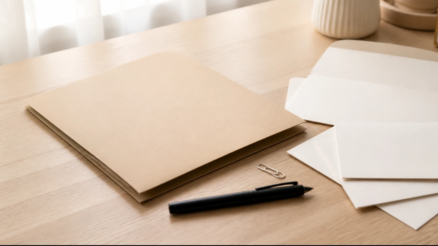 Chemise, enveloppes vierges et stylo pour organiser des démarches liées à un nom d’usage