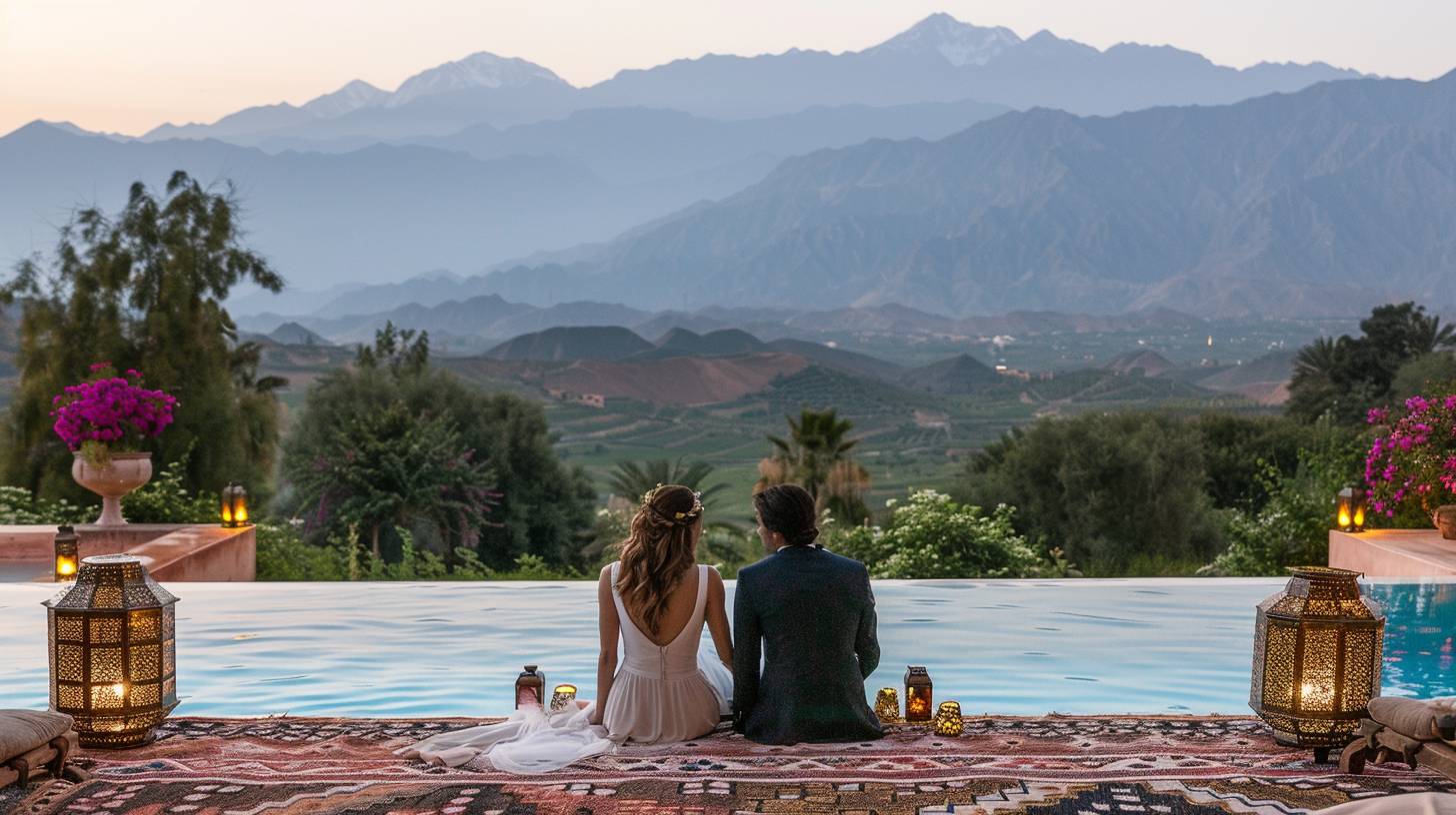 Couple renouvelant ses vœux de mariage au Marrakech Retreat by La Siredrah, entouré de jardins luxuriants et de décorations marocaines.