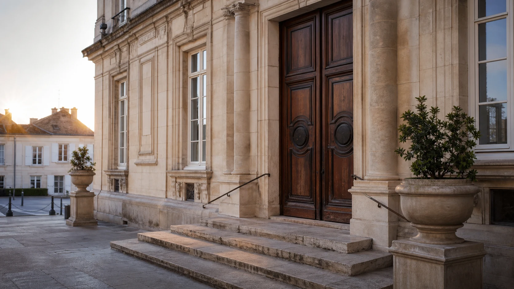 Façade en pierre et entrée d’une mairie française au lever du soleil.