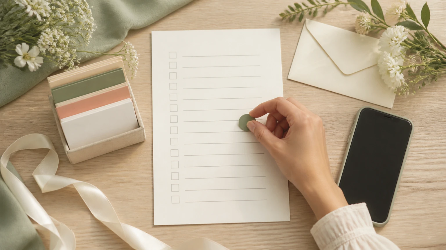 Illustration d’une checklist de préparation de mariage avec une main qui priorise une tâche