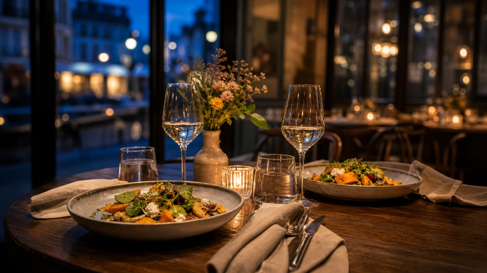 Table dressée pour deux dans un restaurant chaleureux au crépuscule, avec plats végétariens et fleurs.