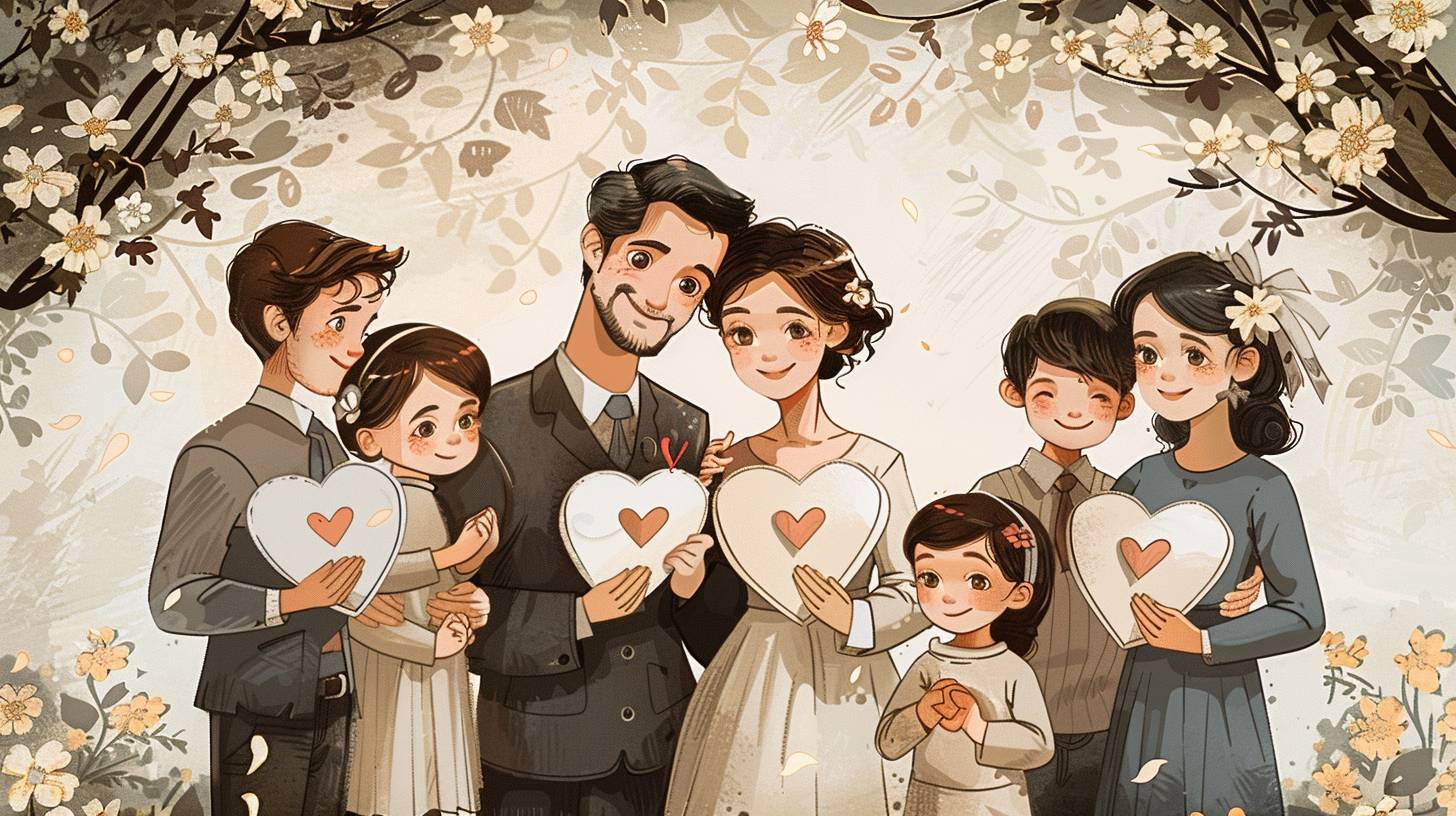 Illustration d’un renouvellement de vœux de mariage en famille, avec une ambiance joyeuse et intime.