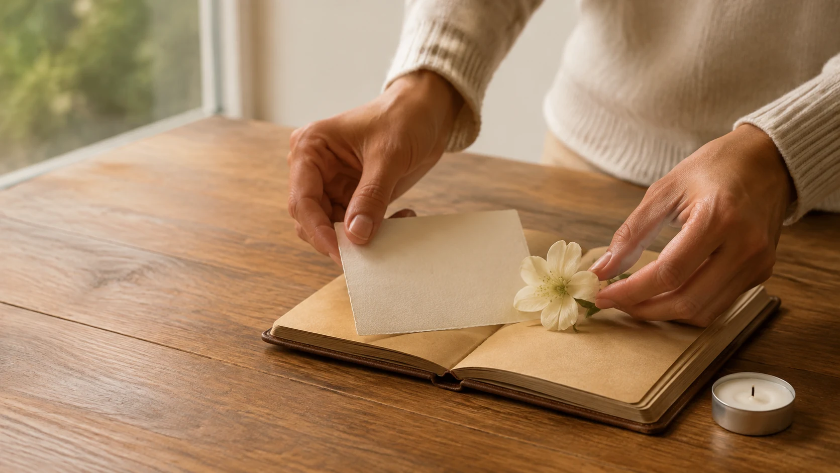 Deux mains déposant une carte vierge et une fleur dans un carnet ouvert.