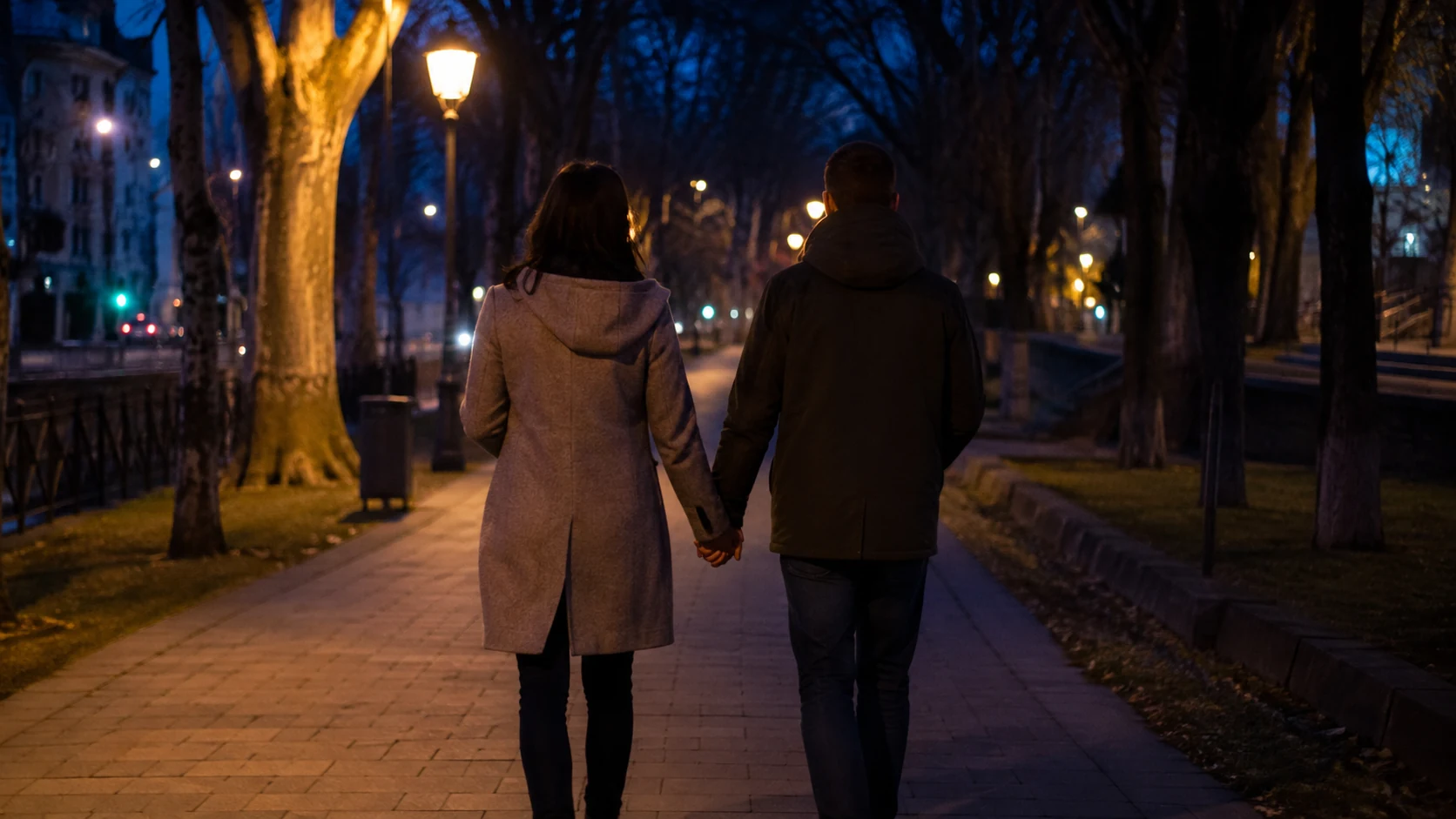 Deux adultes marchant main dans la main dans une rue bordée d’arbres, le soir.