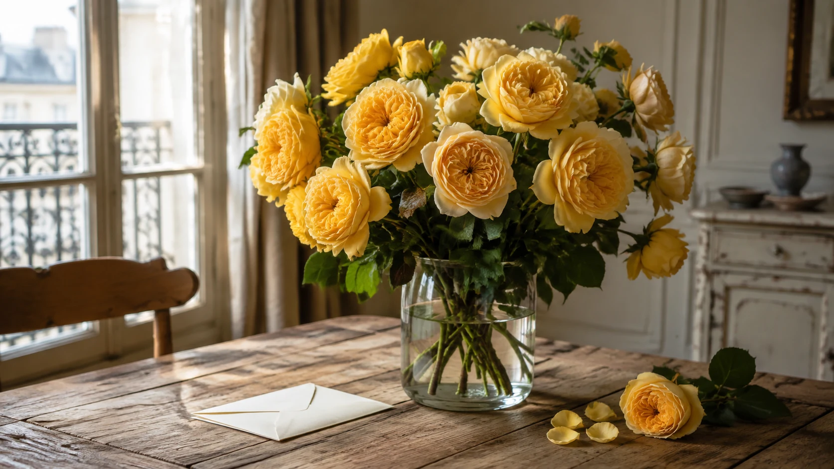 Bouquet de roses jaunes dans un vase en verre, posé sur une table en bois.