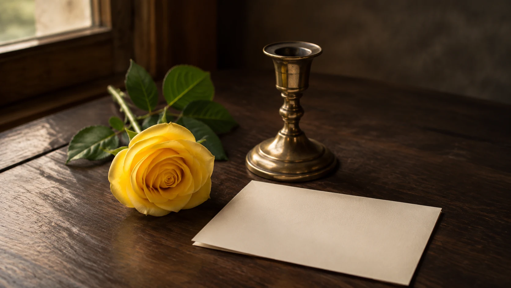 Rose jaune et carte vierge sur une table en noyer.
