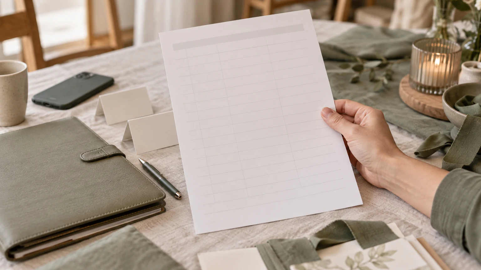 Planning de coordination, documents et téléphone préparés pour l’organisation d’un mariage