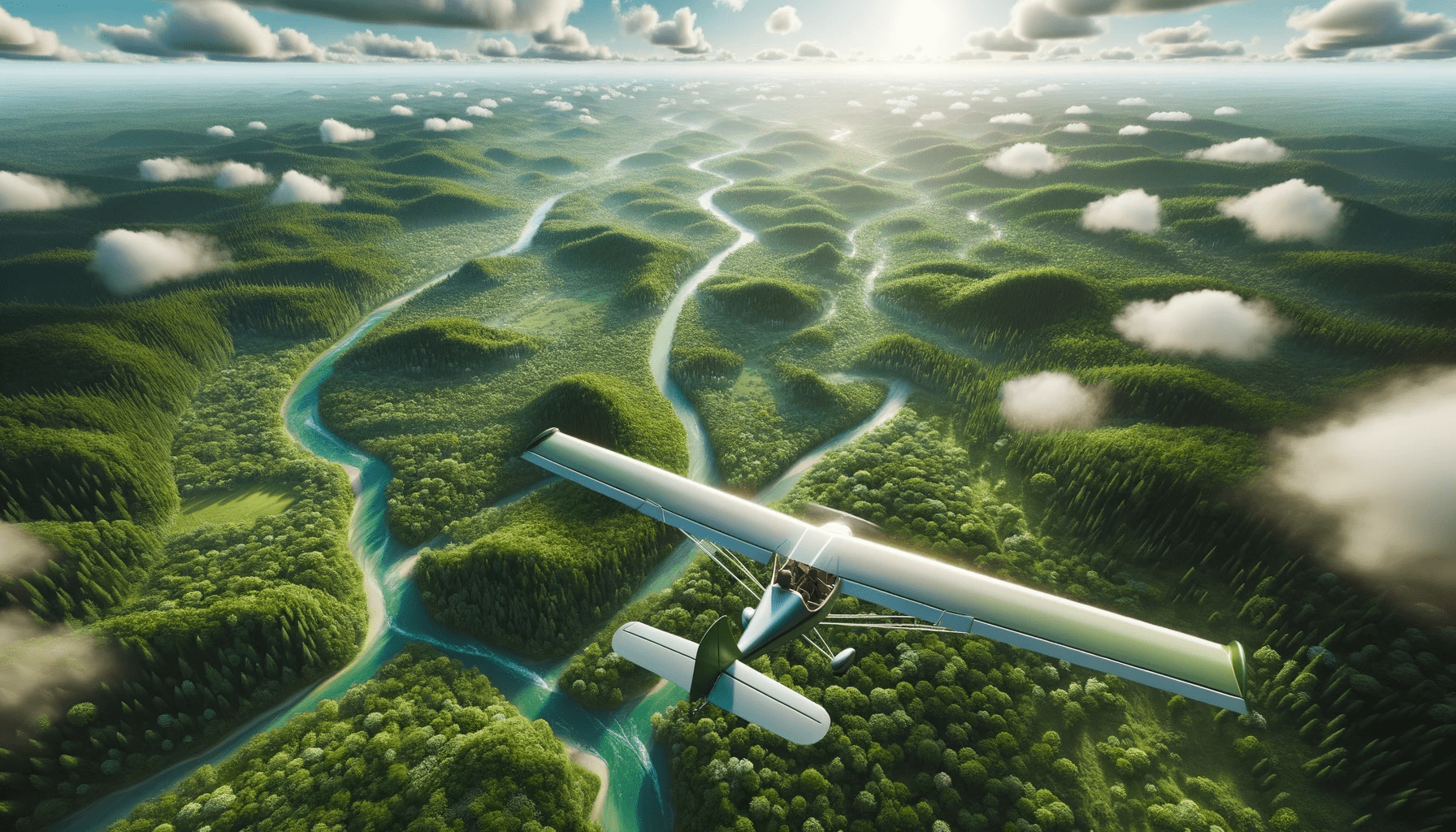 Image d'un ulm volant au dessus d'une forêt