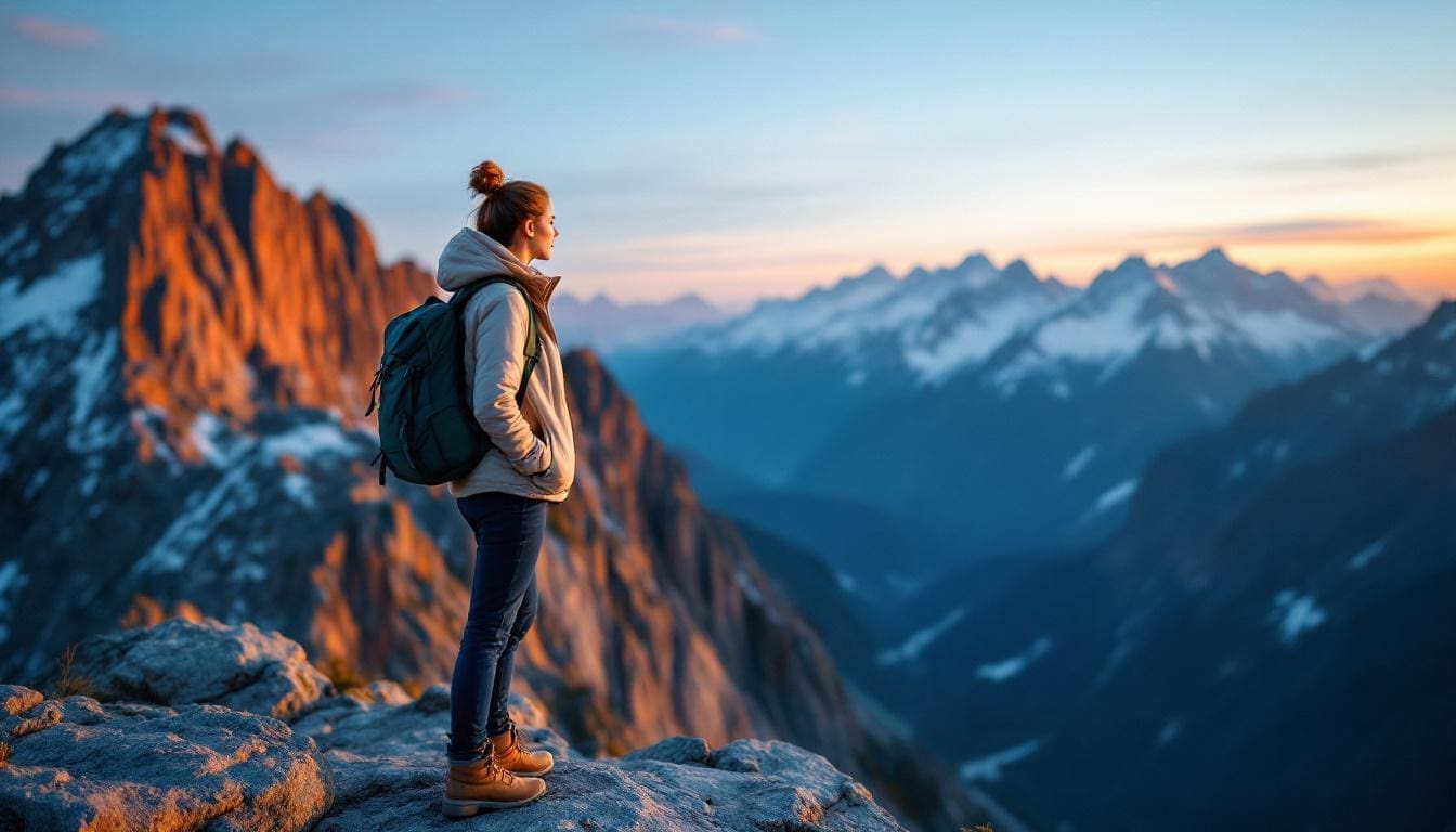 Femme de 35 ans en sac à dos contemplant un paysage époustouflant