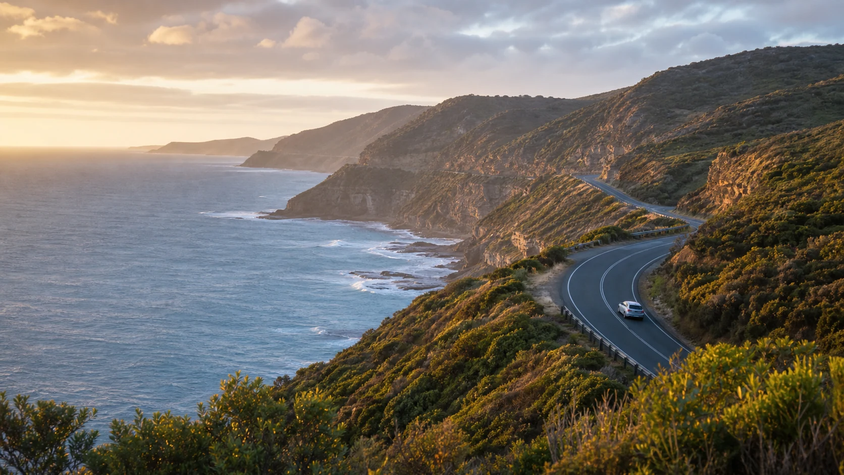 Route côtière au soleil couchant, falaises et océan, inspiration pour un itinéraire sur la Great Ocean Road