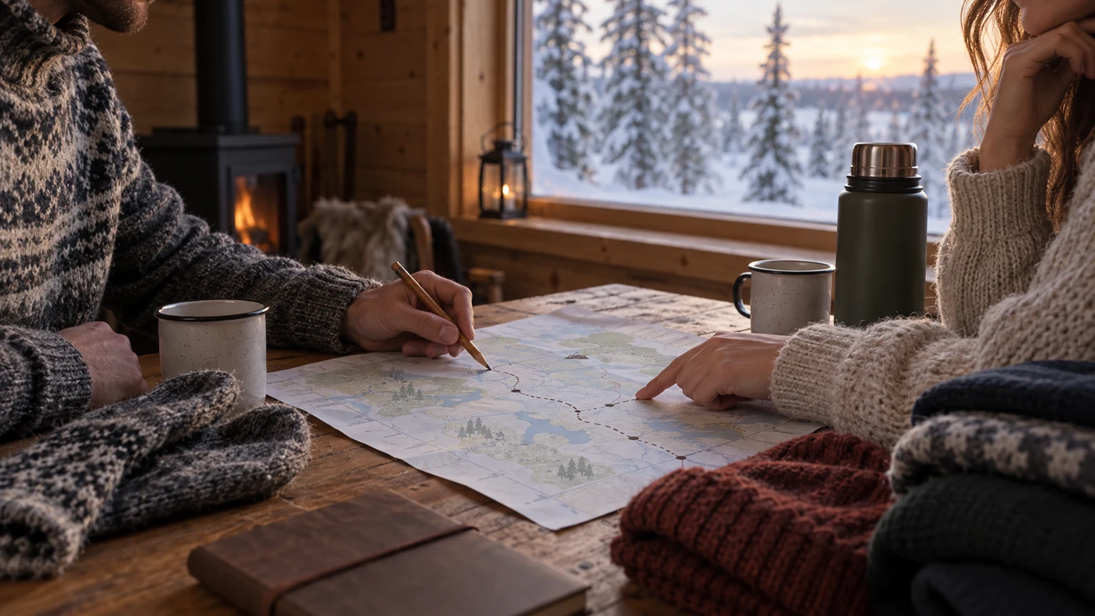 Couple préparant un itinéraire de Laponie autour d’une carte