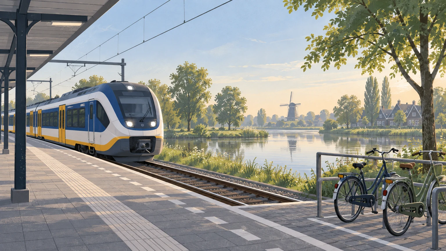 Illustration d’un train, de vélos et d’un canal dans un paysage néerlandais