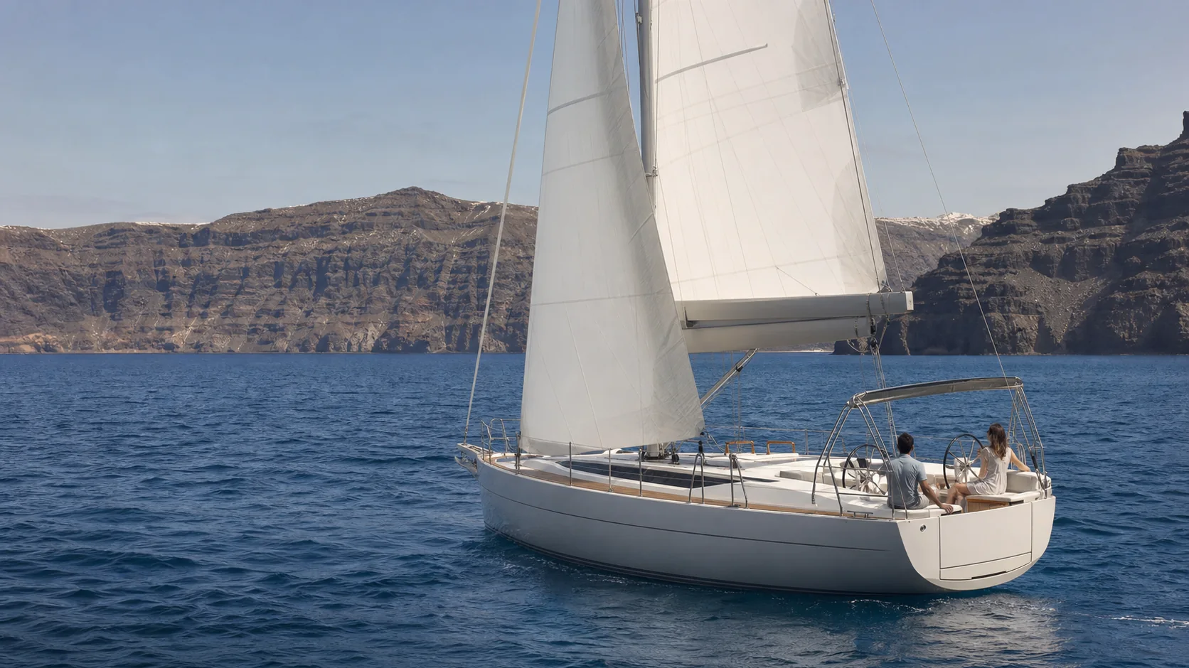 Voilier naviguant devant les falaises volcaniques de la caldeira de Santorin