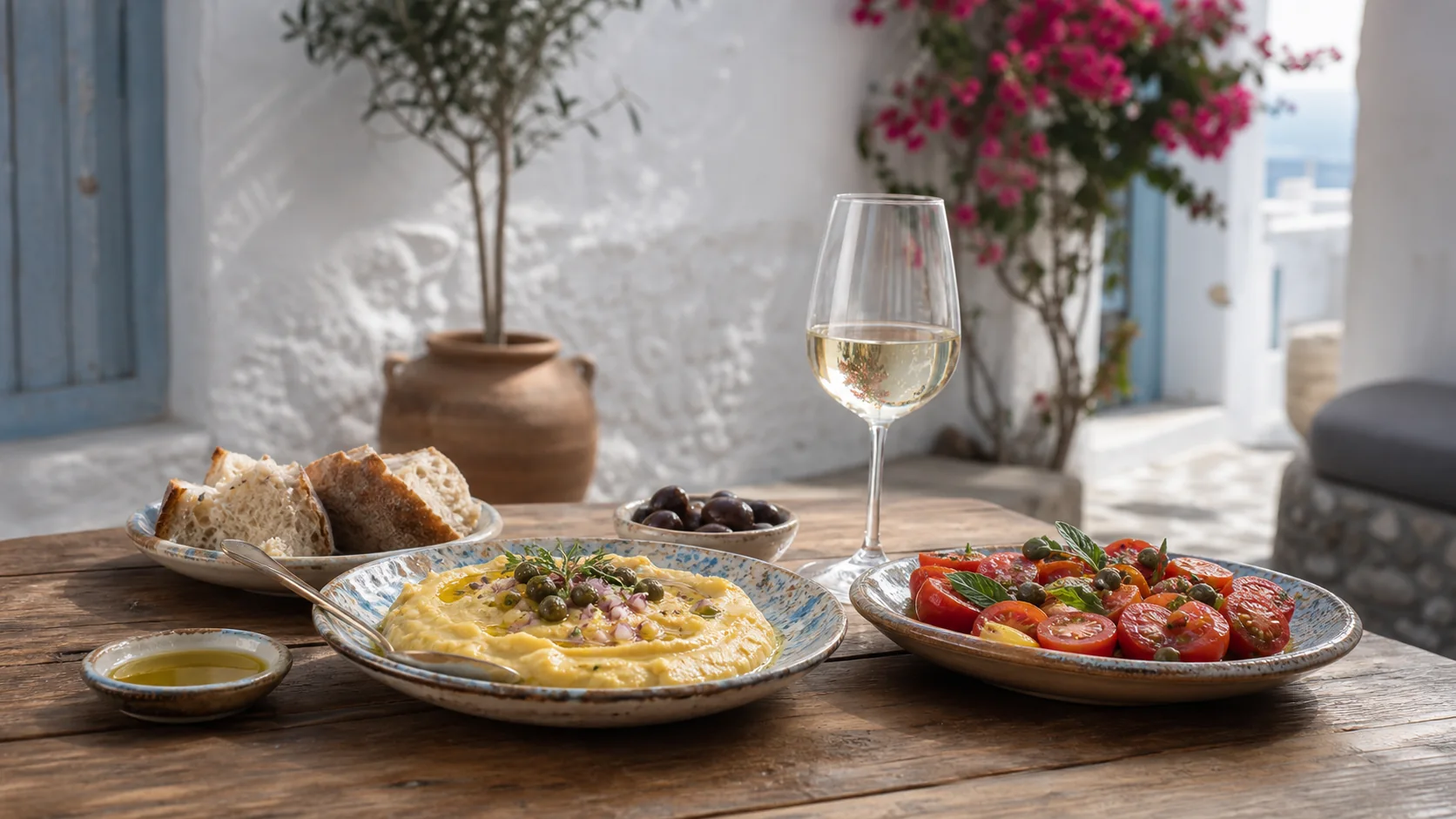 Fava, tomates, câpres, pain et verre de vin sur une table méditerranéenne