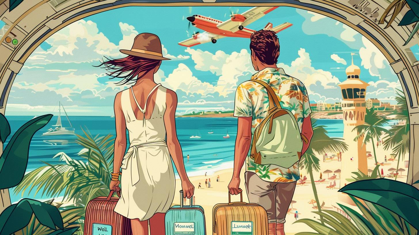 Illustration colorée d’un couple embarquant dans un avion, valises à la main, avec des étiquettes indiquant ‘Lune de miel’ et ‘Renouvellement de vœux’. La scène montre aussi des monuments comme une plage et des palmiers en arrière-plan.
