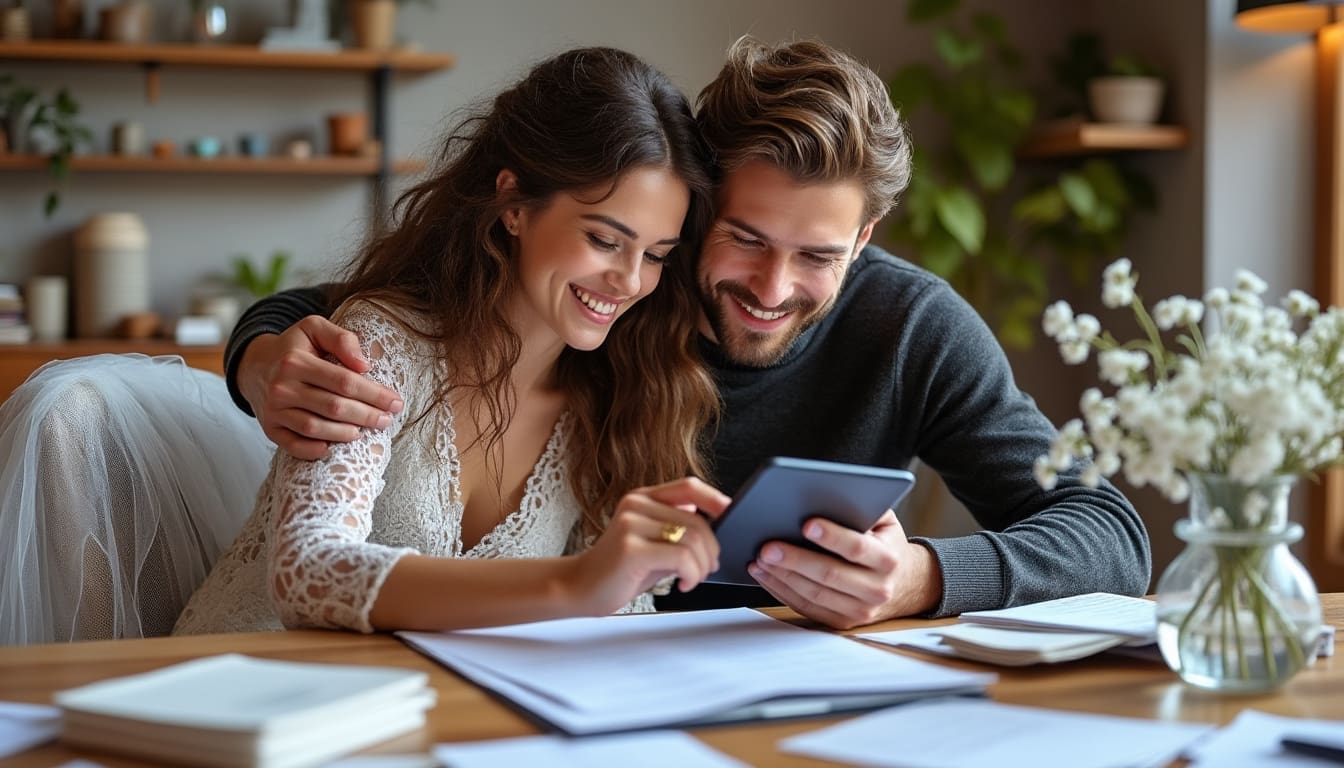 Couple évaluant le budget de leur mariage avec des documents et une calculatrice.