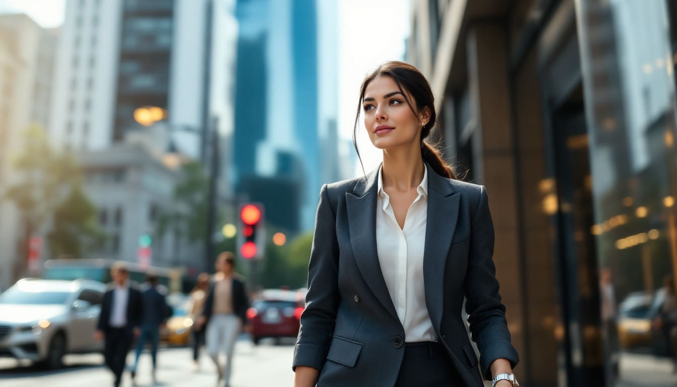 Femme dynamique en milieu urbain, symbolisant l’autonomie et la modernité.