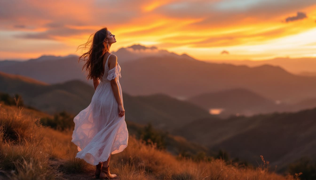 Femme contemplant un paysage, symbolisant la quête de sens et l’épanouissement.