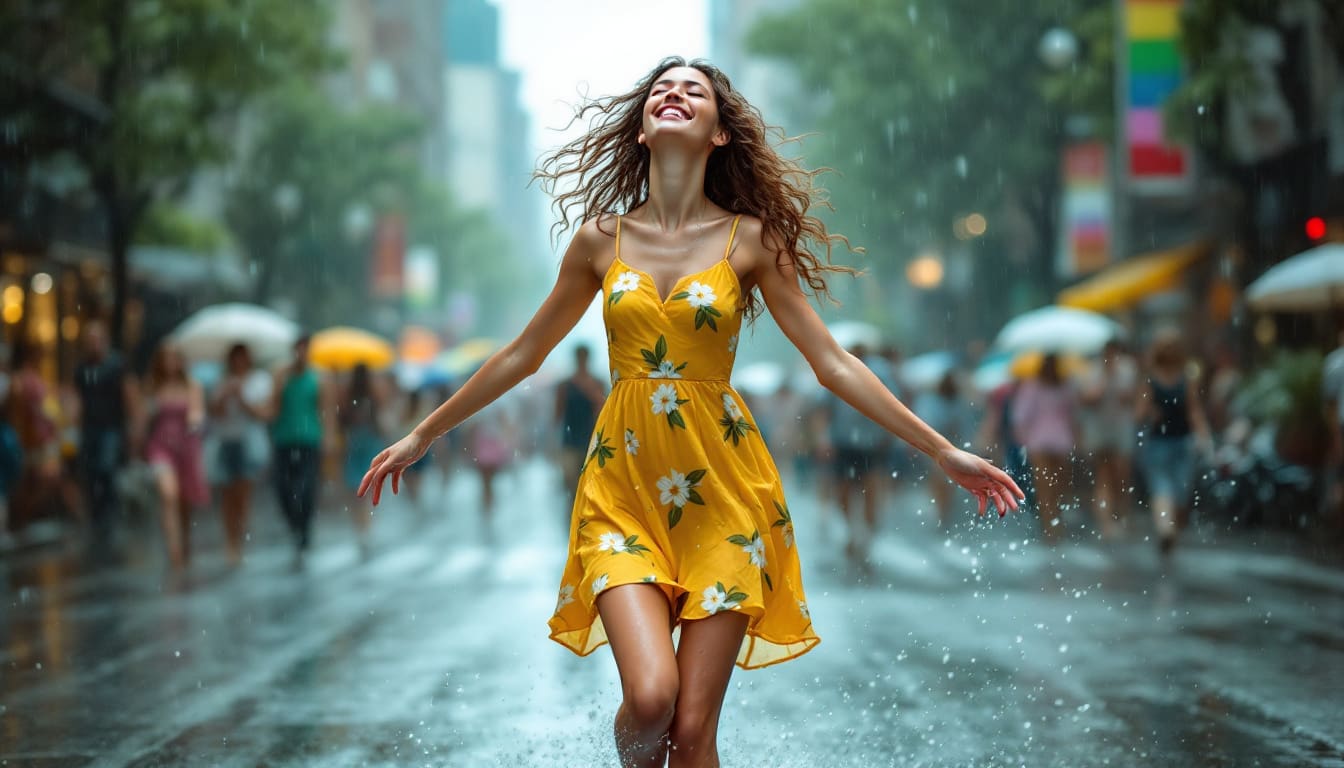 Femme dansant sous la pluie, incarnant la liberté et la spontanéité.