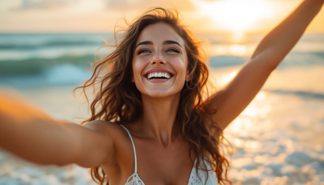 Femme épanouie accueillant le soleil, symbolisant la joie de vivre.