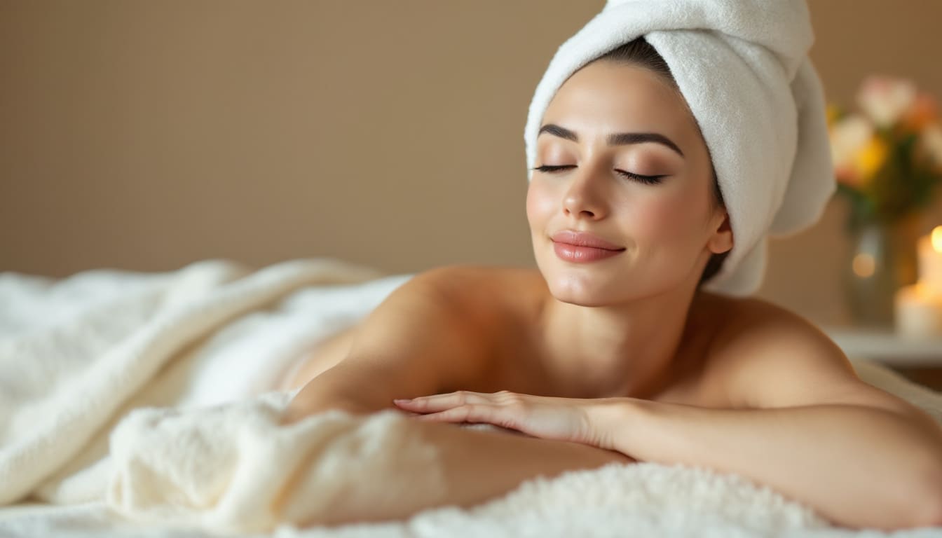 Femme se relaxant au spa, illustrant le bien-être et la détente.