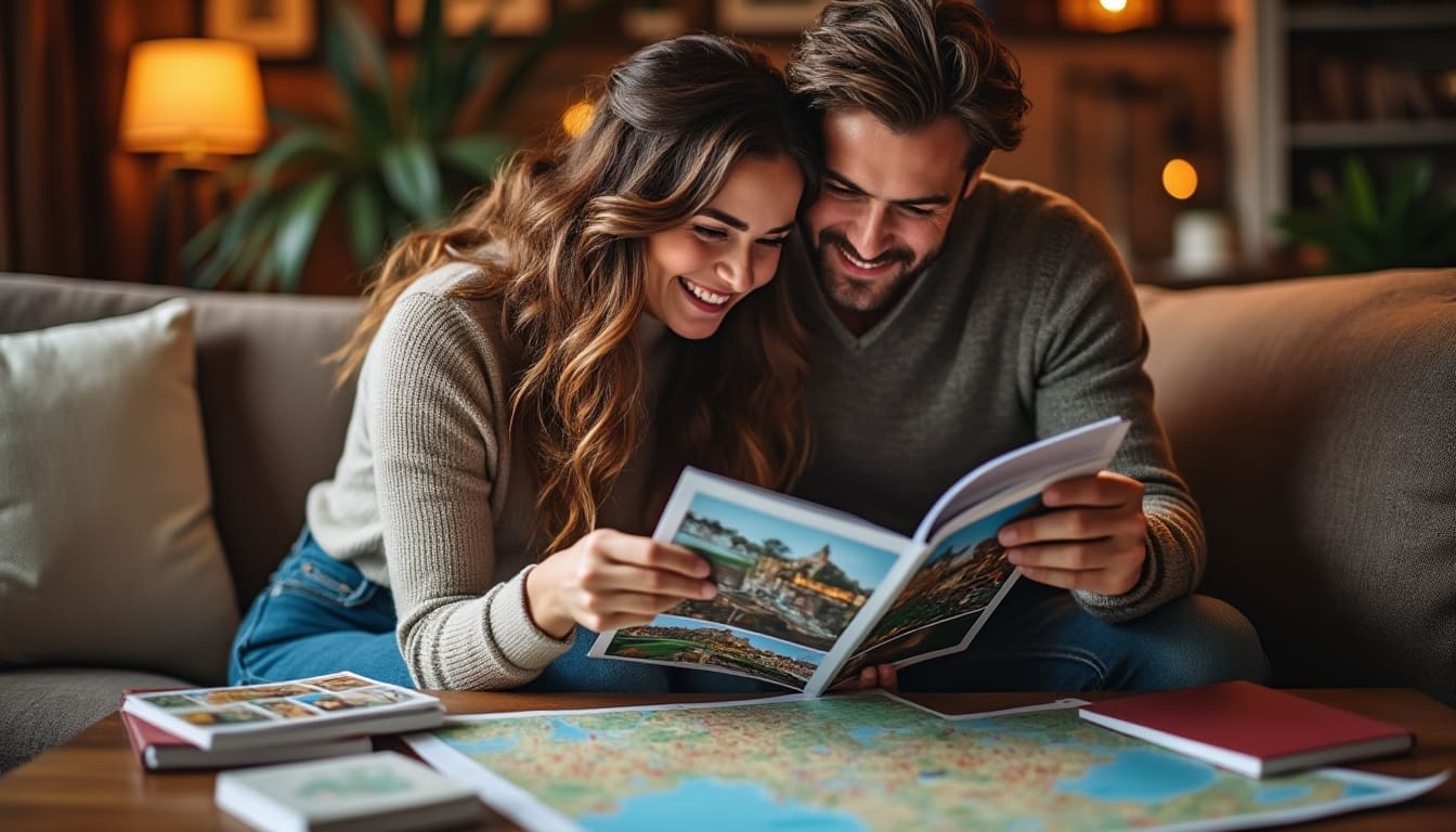 Couple planifiant le lieu de leur mariage en consultant des cartes et des brochures.