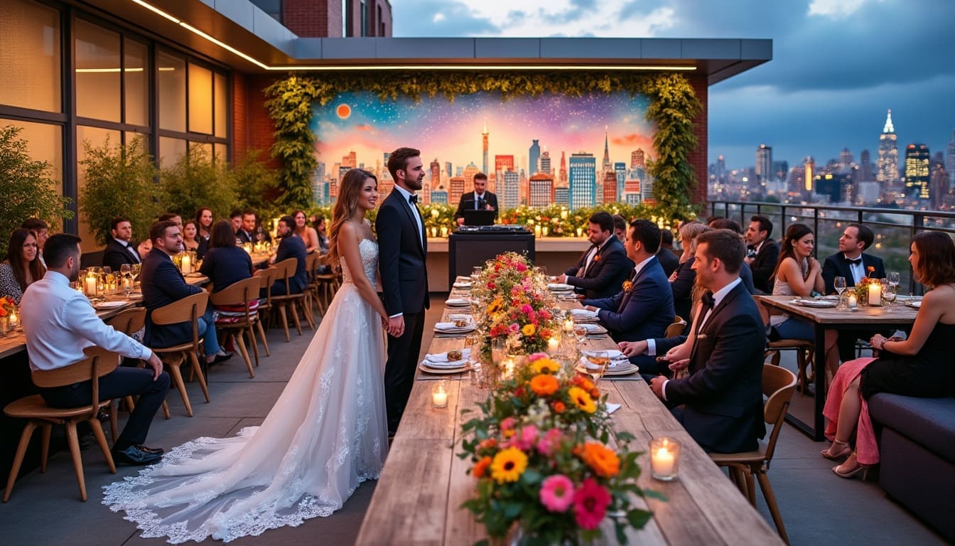 Réception de mariage atypique sur un rooftop avec vue urbaine.