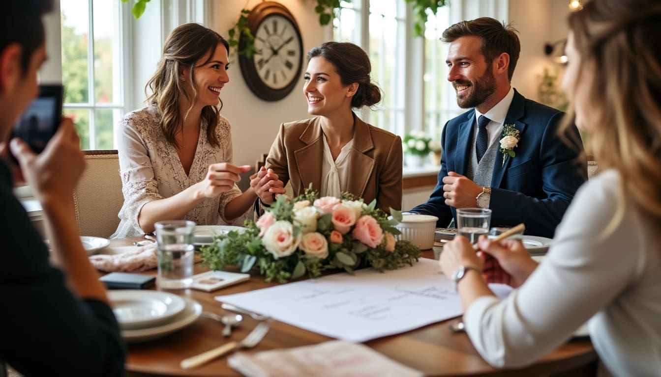 Couple rencontrant des prestataires de services pour leur mariage.