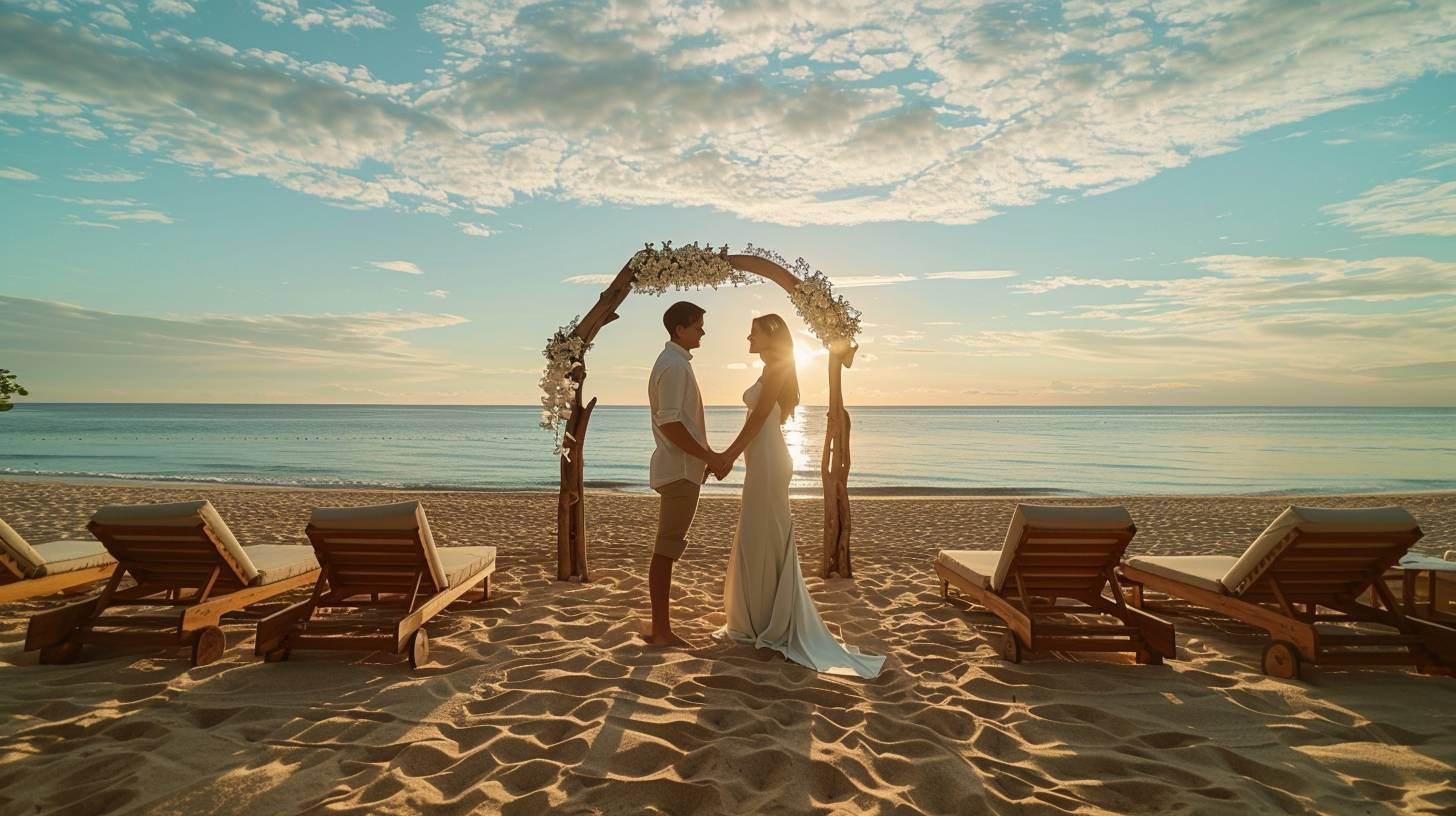 Renouvellement de vœux de mariage sur une plage tropicale, avec un coucher de soleil romantique et une arche fleurie.