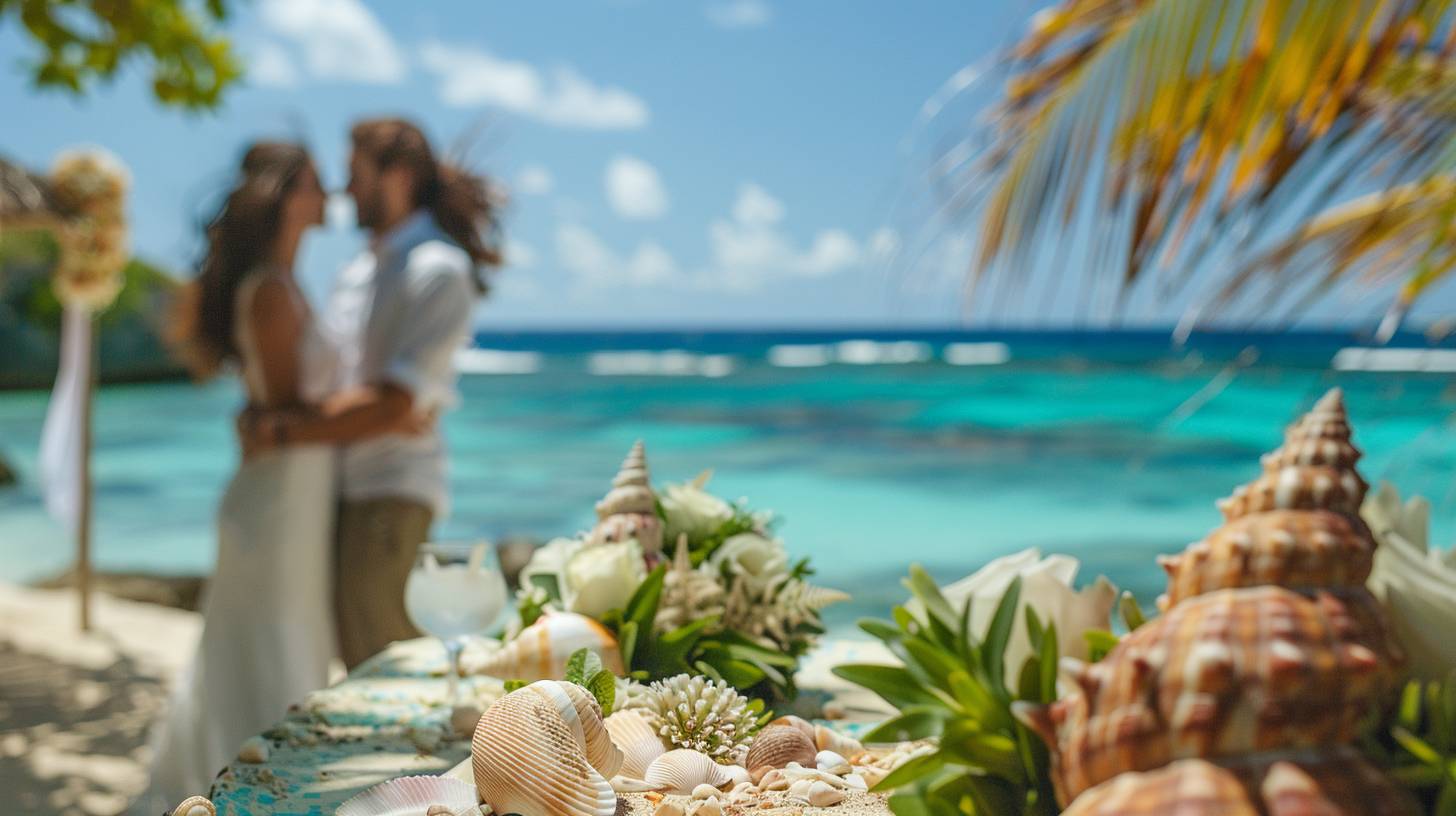 Renouvellement de vœux de mariage sur une île exotique, avec mer turquoise et décor tropical.