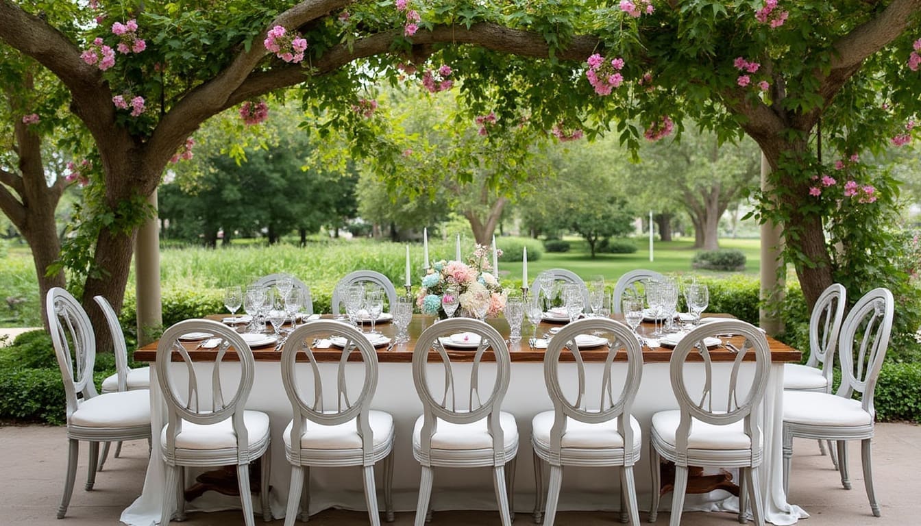 Table de réception de mariage préparée pour accueillir les invités.