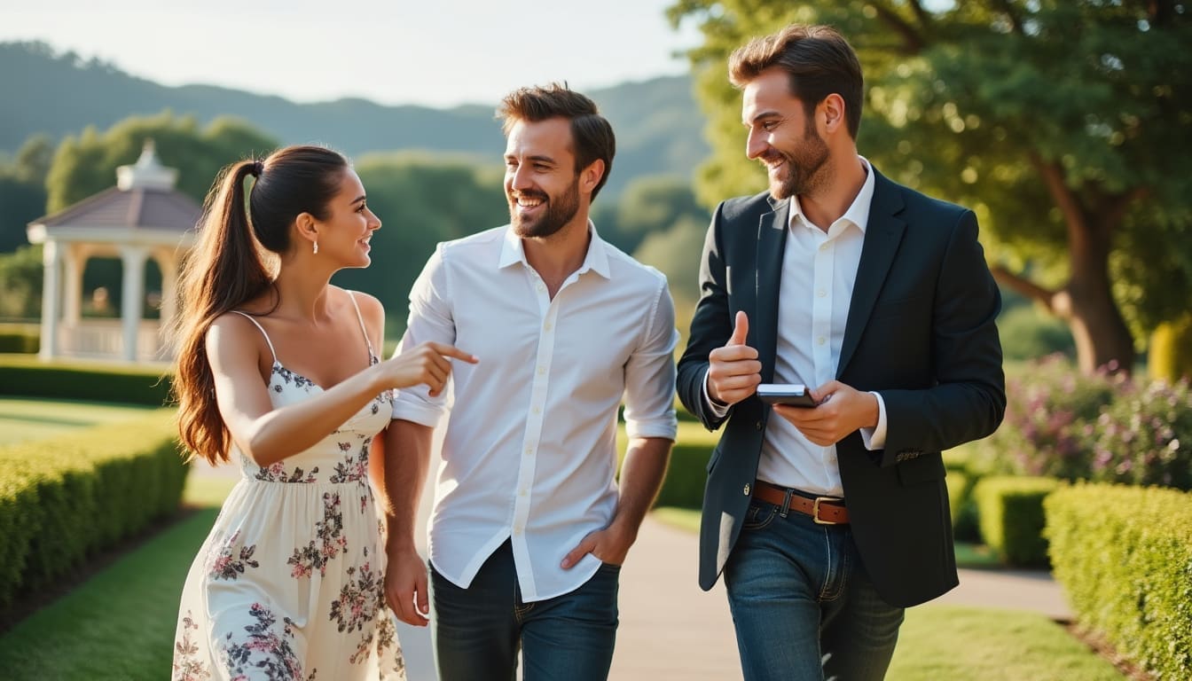 Couple visitant un lieu de réception de mariage potentiel.