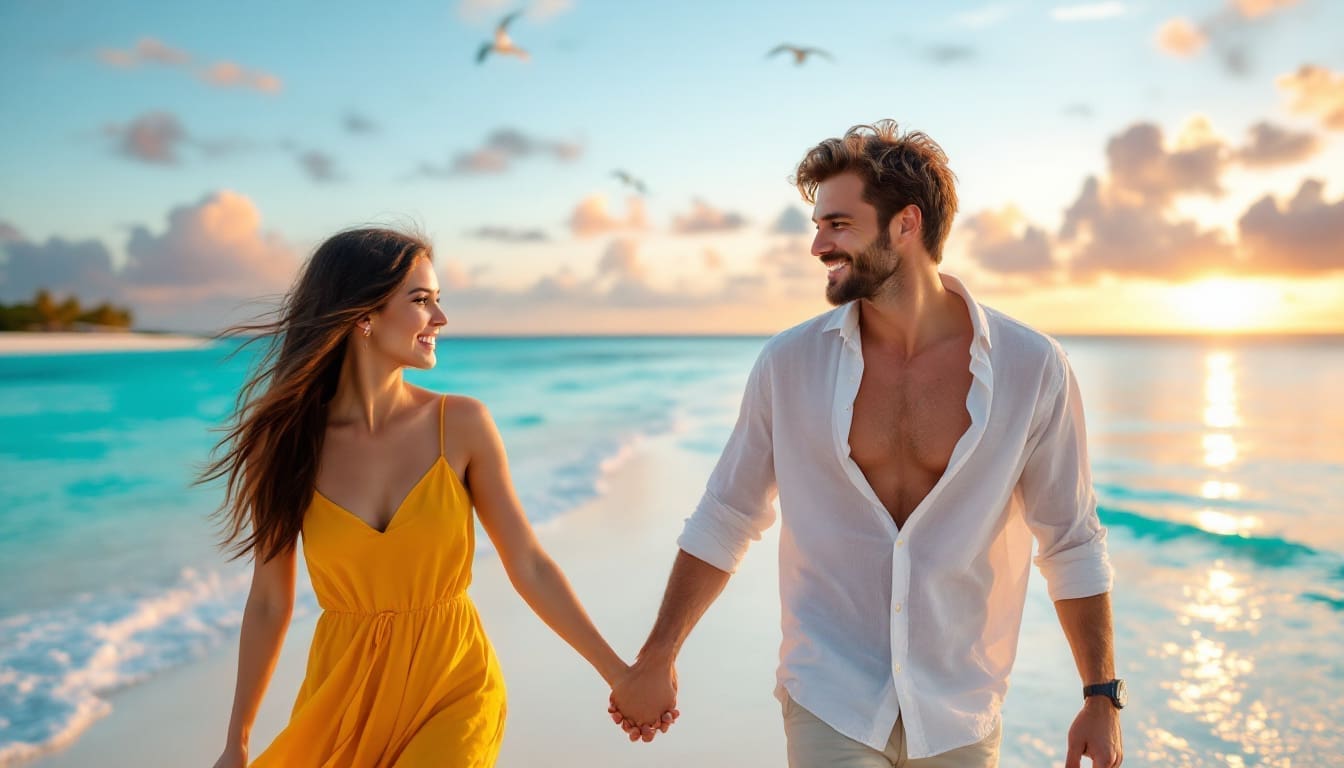 Un couple marchant main dans la main sur une plage de sable blanc aux Maldives, avec une eau turquoise en arrière-plan et un coucher de soleil romantique.